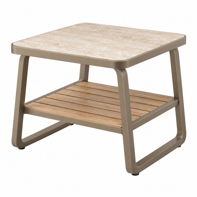 Outdoor Beistelltisch 60 x 60 x 50 cm Metall Beige mit Steinoptik und Ablage
