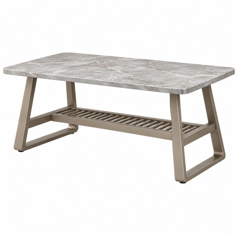 Gartencouchtisch 120 x 60 x 45 cm mit Metallgestell und Tischplatte in grauer Steinoptik