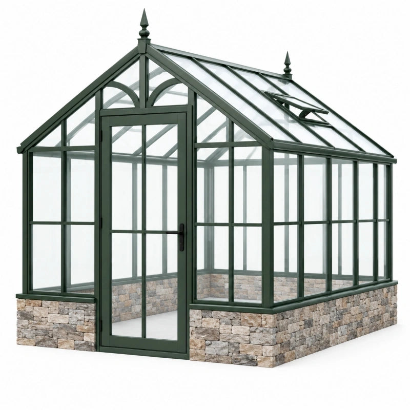 Gewächshaus 240 x 180 x 250 cm aus Metall und Glas in Dunkelgrün mit Satteldach