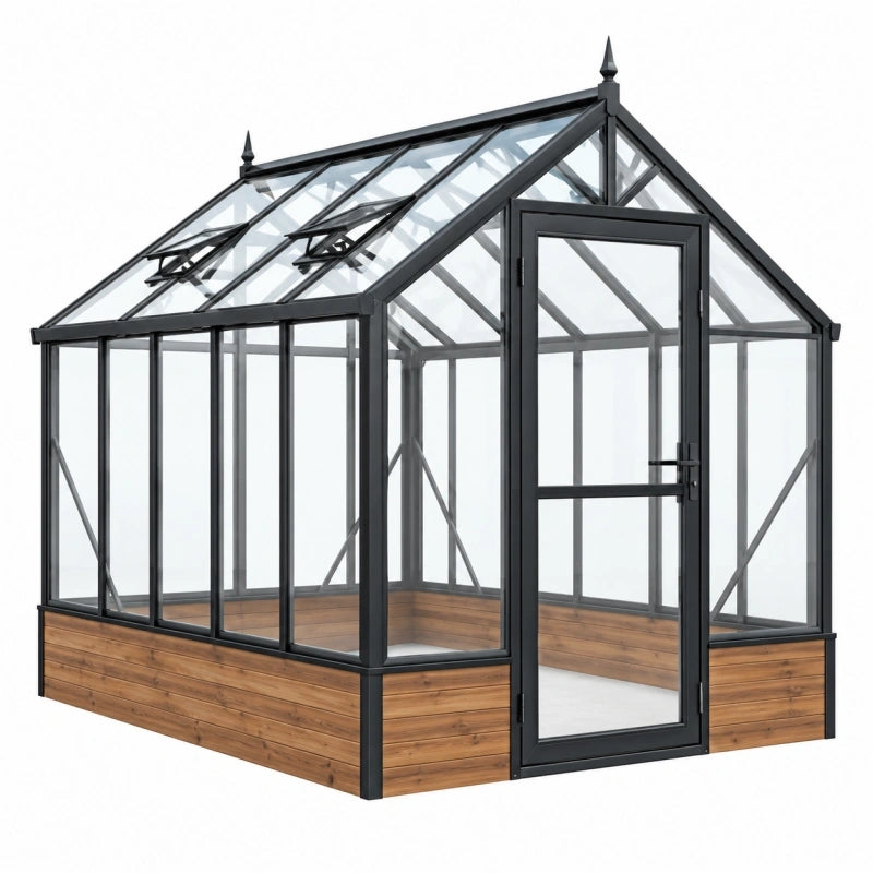 Gewächshaus 240 x 180 x 250 cm Aluminium Glasoptik Schwarz Holzoptik mit Tür und Dachfenstern