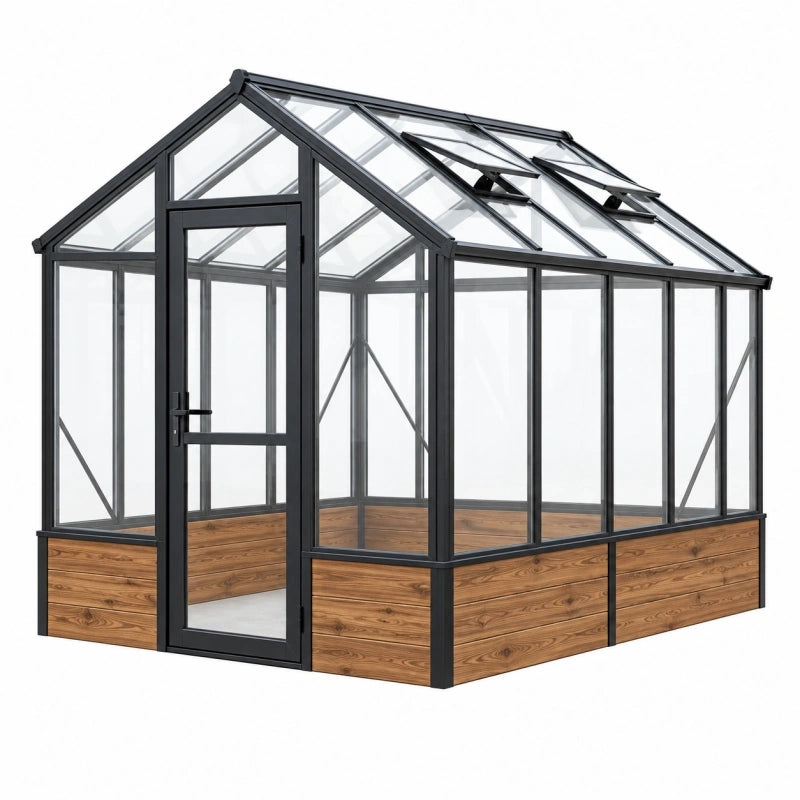 Gewächshaus 190 x 190 x 200 cm Aluminium Glas Schwarz Braun mit Dachfenstern