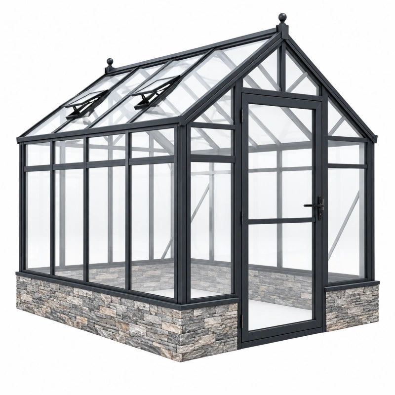 Gewächshaus 190 x 190 x 250 cm Aluminium Glas Schwarz mit Satteldach und Tür