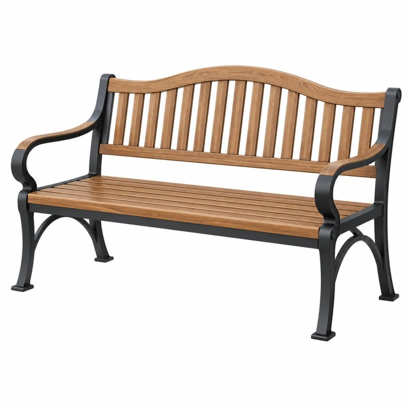 Gartenbank 122 cm Holz und Metall Braun Schwarz klassische Sitzbank für Außenbereich