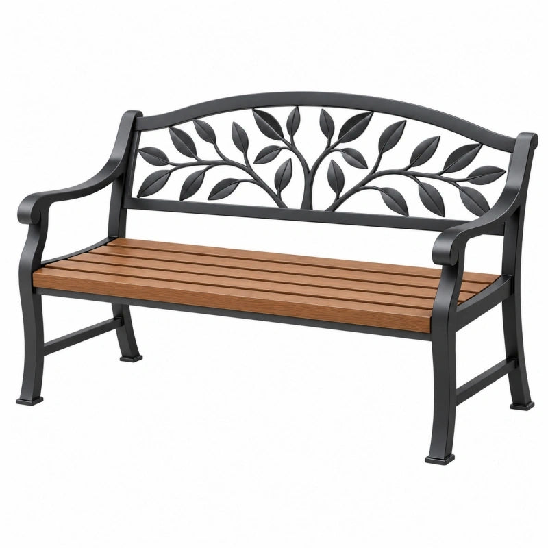 Gartenbank 122 x 61 x 89 cm aus Metall und Holz Schwarz Braun mit Blattmuster