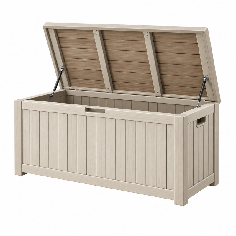 Aufbewahrungsbox 120 x 61 x 63 cm Kunststoff Beige Holzoptik mit Klappdeckel