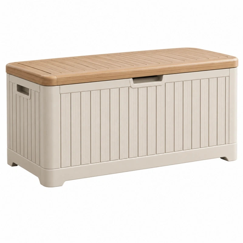 Aufbewahrungsbox 116 x 48 x 60 cm aus Kunststoff in Beige Holzoptik für Garten und Terrasse